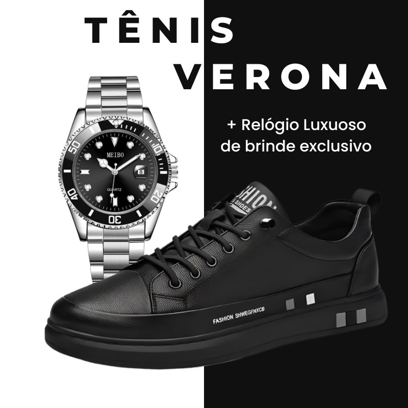 Tênis Verona Fashion® | Couro Italiano + Relógio Luxuoso de Brinde [ÚLTIMAS UNIDADES]